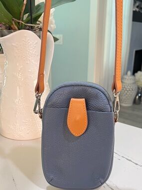 Divina Firenze Genuine Leather Phone Crossbody Bag Blue Tan Made in Italy